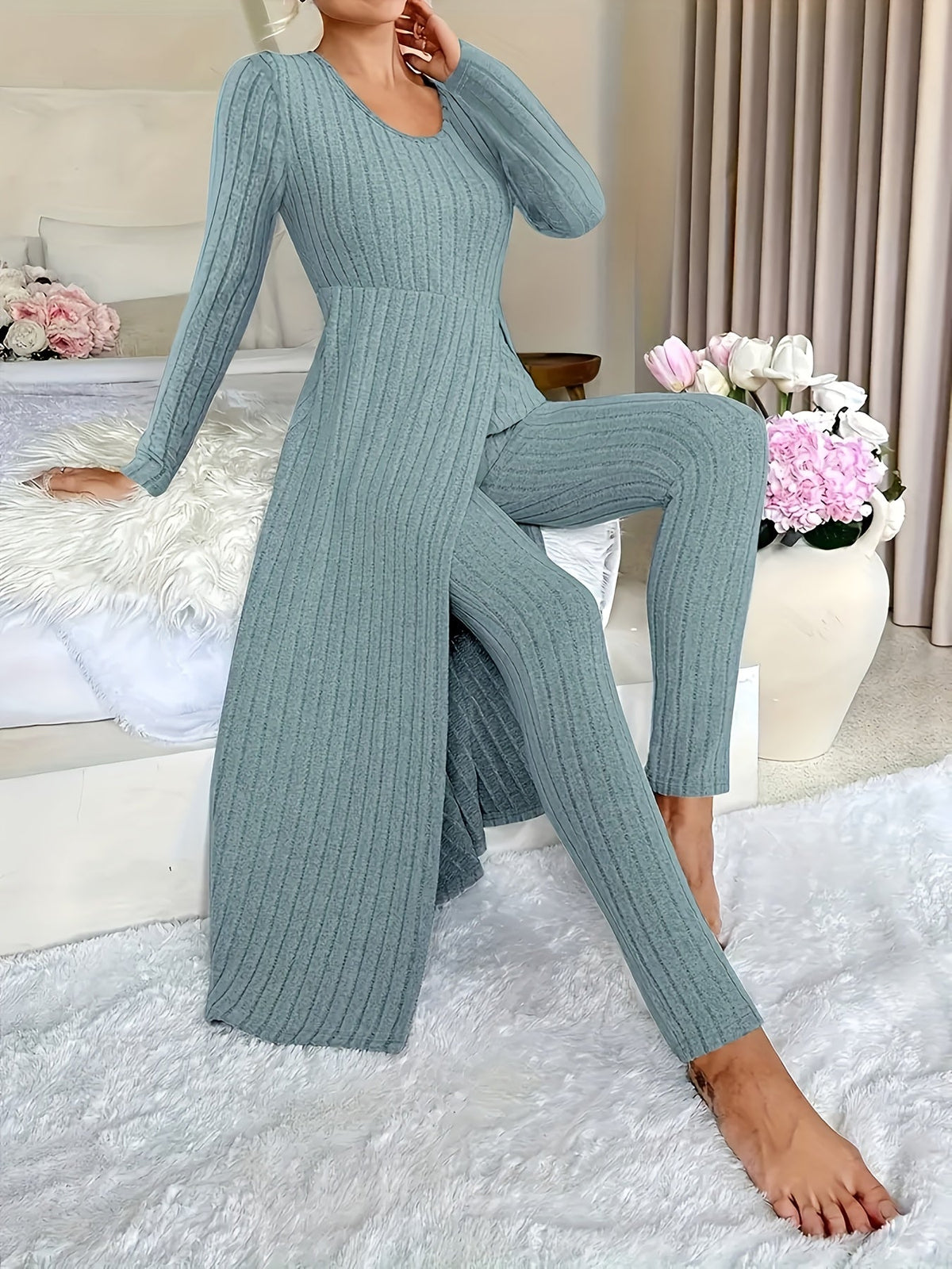 Kessoro women's ribbed tunic and wide-leg trouser lounge set in sage, violet and peacock blue, view 8