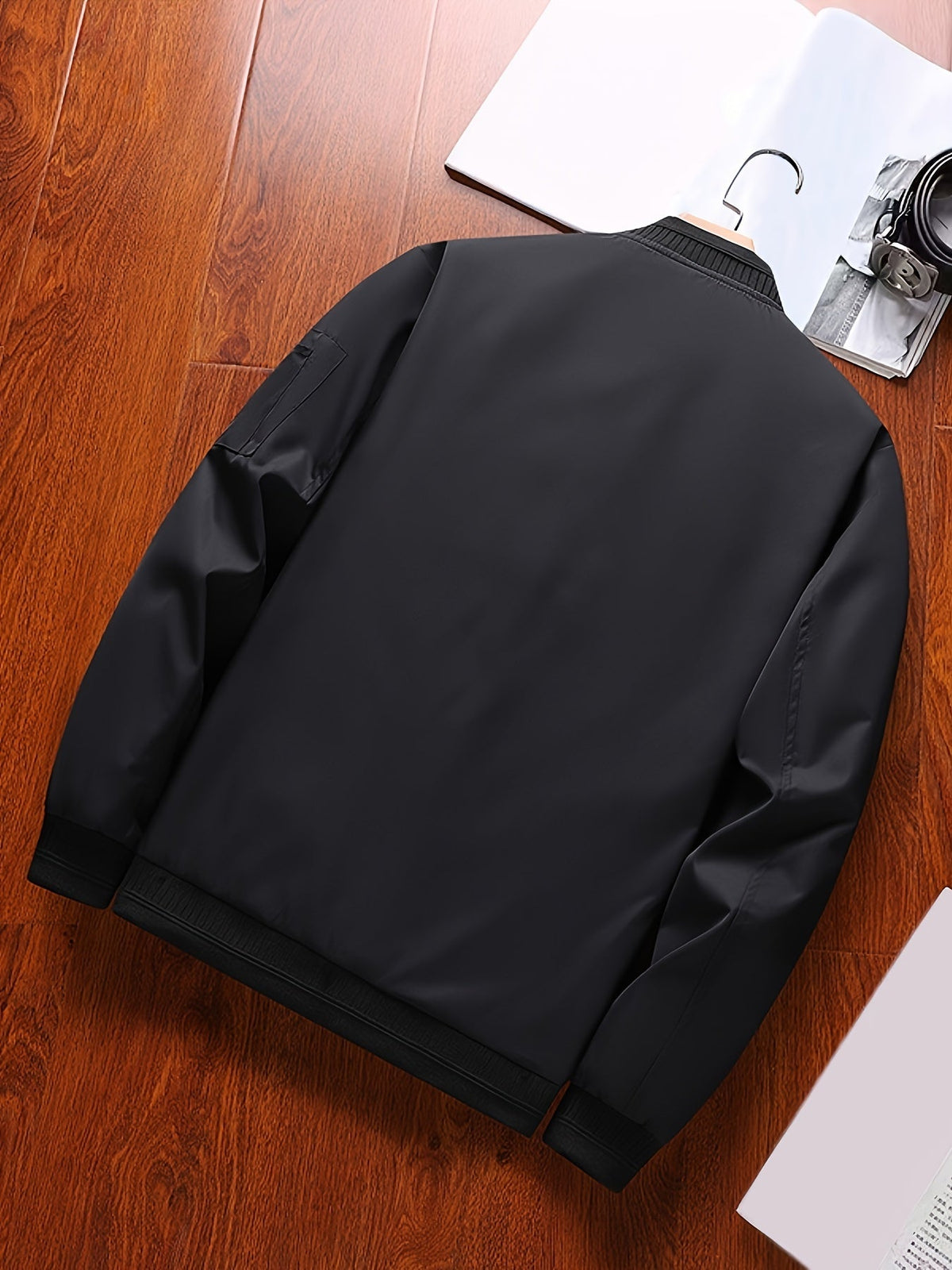 Men's classic zip-front everyday bomber jacket in black and burgundy, detail view