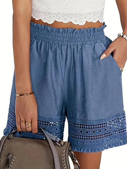 Kessoro women's lace-trim paper bag waist shorts in sky blue, khaki, black and white neutral tones