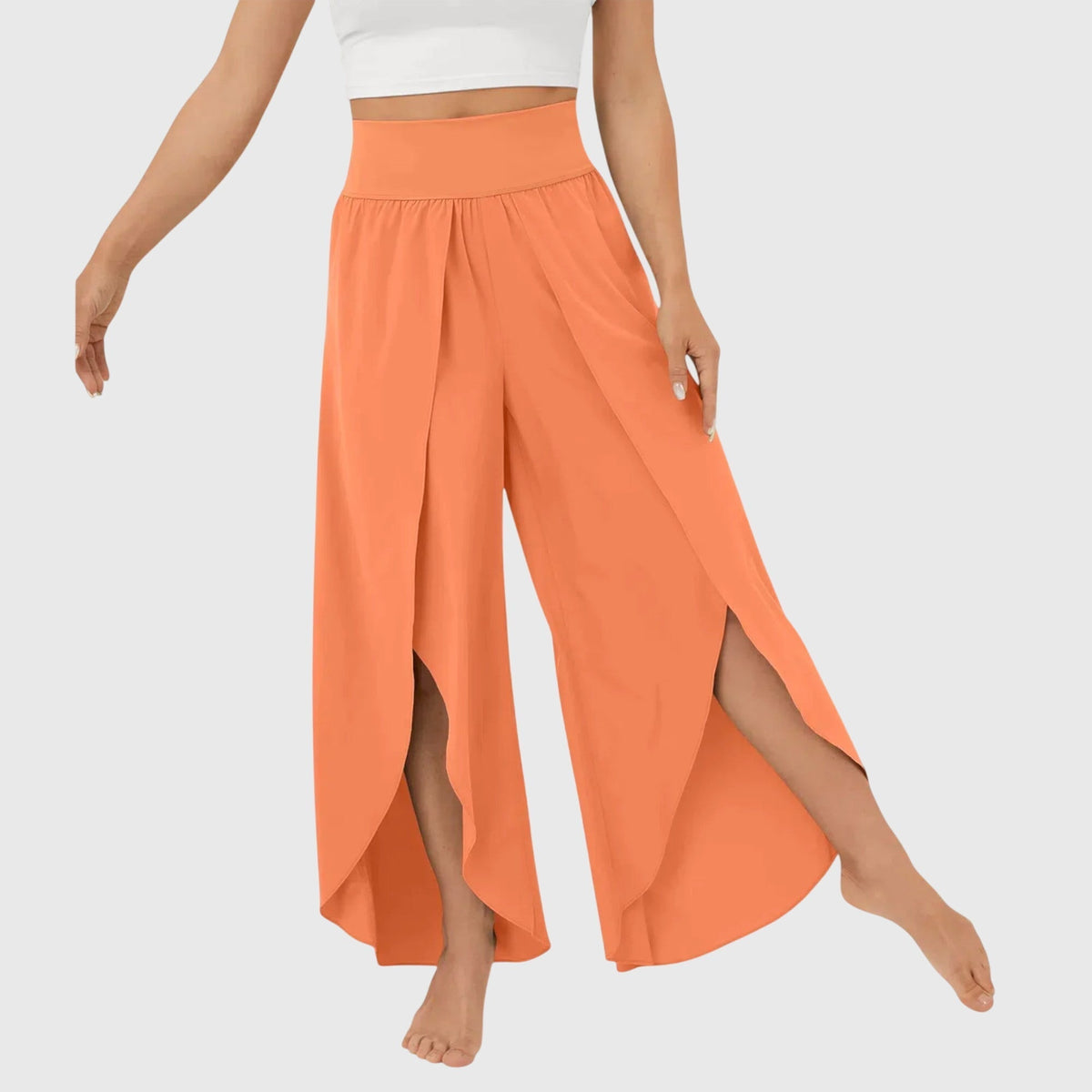 Women's high-waist flowing wide-leg split pants in a soft pastel and neutral colour family (view 4)