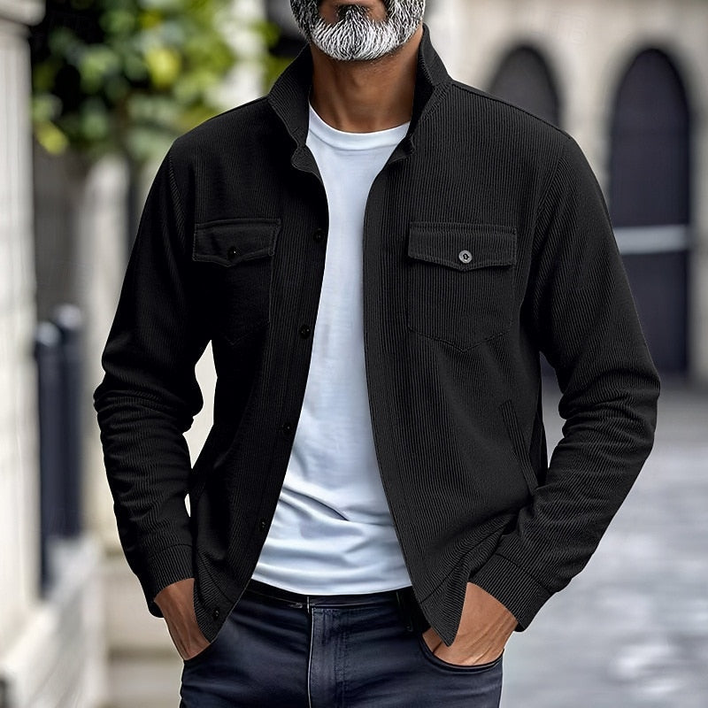 Kessoro Men's Ribbed Lapel-Collar Utility Jacket in apricot, black, army green and more colours, image 2 of 16.