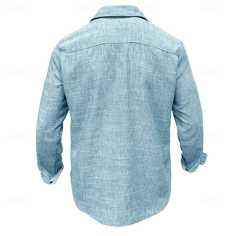 Kessoro men's relaxed-fit flap-pocket utility shirt in blue, grey, beige and pink tones, view 3