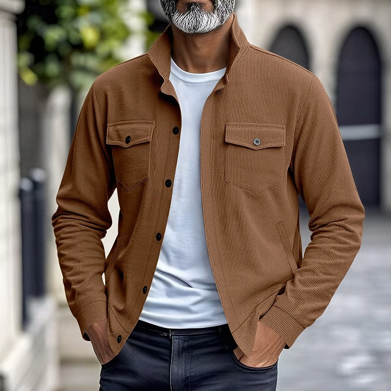 Kessoro Men's Ribbed Lapel-Collar Utility Jacket in apricot, black, army green and more colours, image 16 of 16.