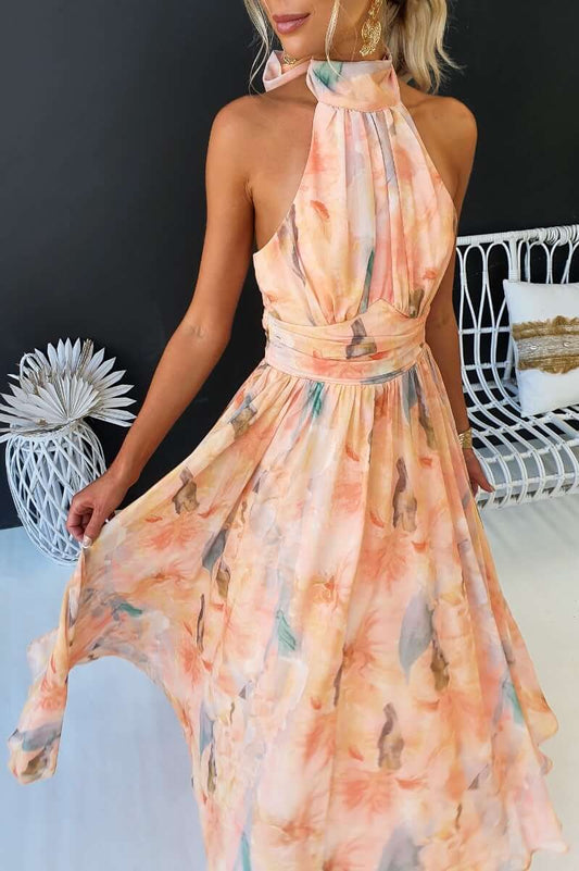 Kessoro women's tie neck sleeveless maxi dress in orange