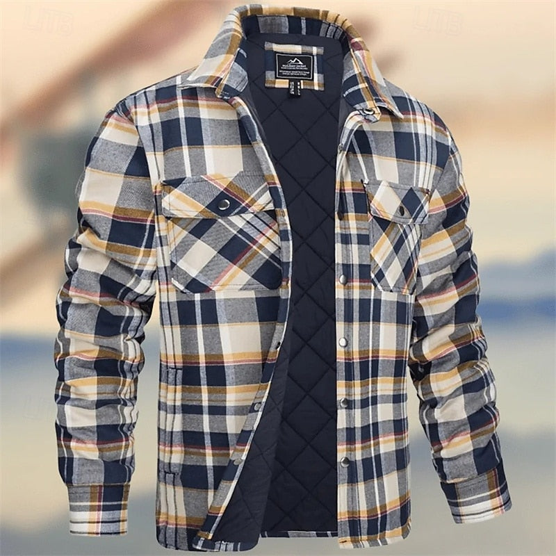 Kessoro men's quilted plaid flannel shirt jacket in orange, khaki, green, burgundy, navy, white and sky blue - product view 2