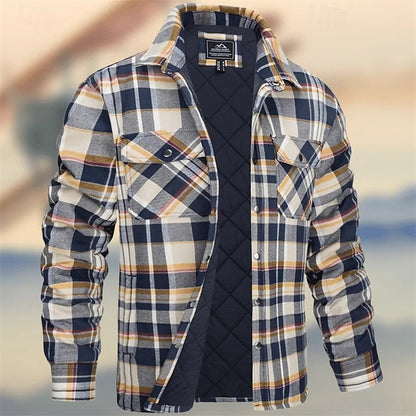 Kessoro men's quilted plaid flannel shirt jacket in orange, khaki, green, burgundy, navy, white and sky blue - product view 2