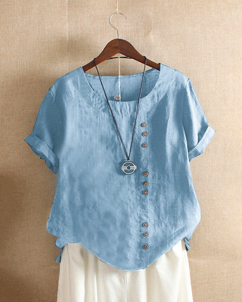 Women's asymmetrical button detail lightweight summer blouse in nine colourways, shown for womenswear styling