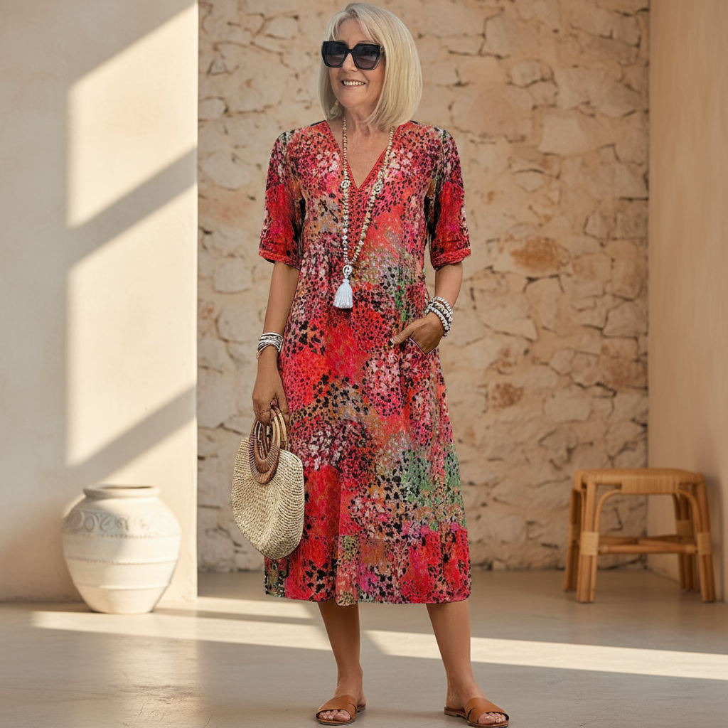 Kessoro women's vibrant print flowing midi dress in scarlet red, ocean blue, blush pink, lavender purple and sandy beige