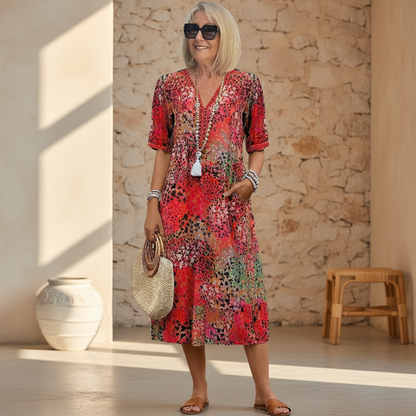 Kessoro women's vibrant print flowing midi dress in scarlet red, ocean blue, blush pink, lavender purple and sandy beige