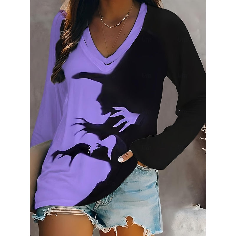Kessoro Purple Halloween graphic V-neck long-sleeve top for women