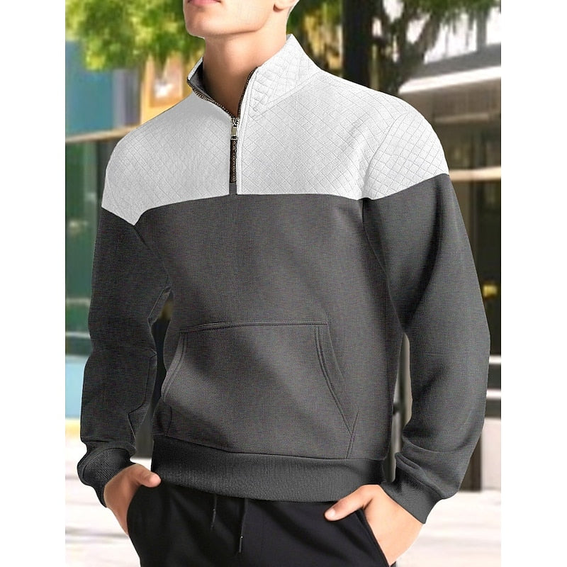 Kessoro men's textured quarter-zip color block sweatshirt in grey, army green, navy and khaki