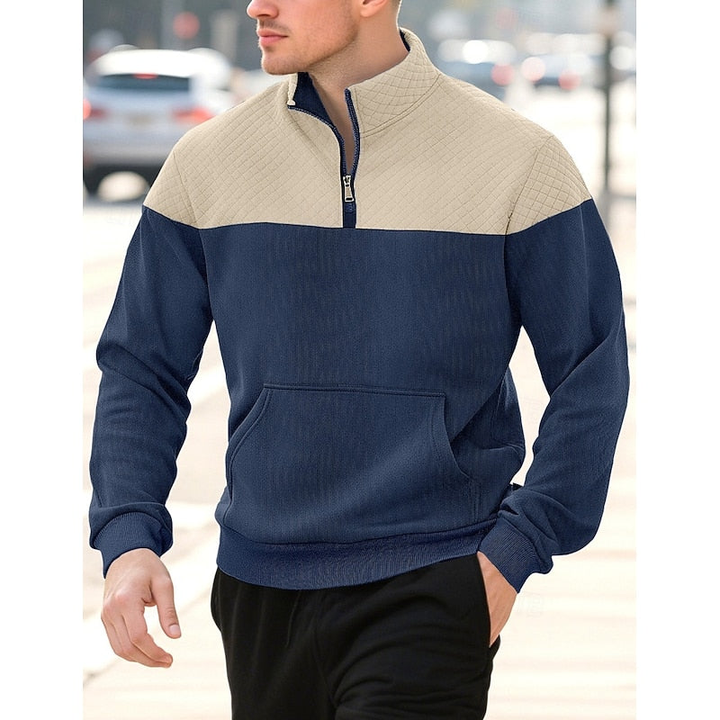 Kessoro men's textured quarter-zip color block sweatshirt in grey, army green, navy and khaki