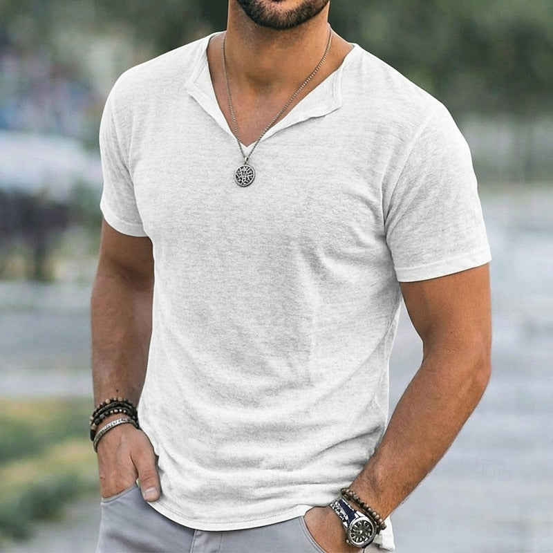 Men's relaxed-fit V-neck t-shirt in green, blue, white, purple and black, back view