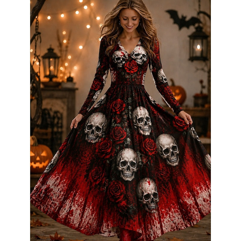 Kessoro Wine Halloween skeleton and rose print long-sleeve maxi dress for women