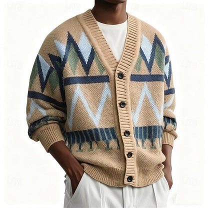 Kessoro geometric pattern V-neck button cardigan for men in Khaki, view 6