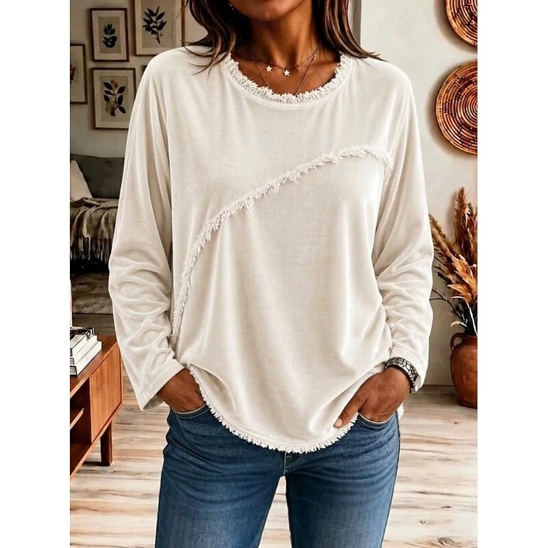 Kessoro fringe trim relaxed long sleeve tunic for women in White, view 2