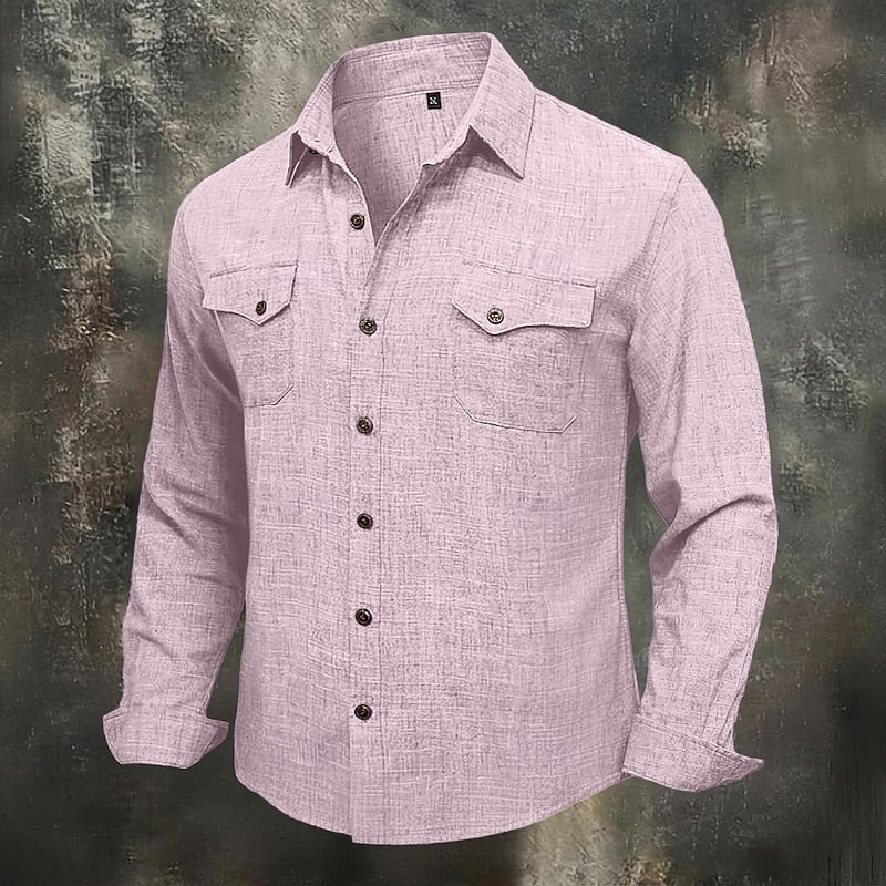 Kessoro men's relaxed-fit flap-pocket utility shirt in blue, grey, beige and pink tones, view 8