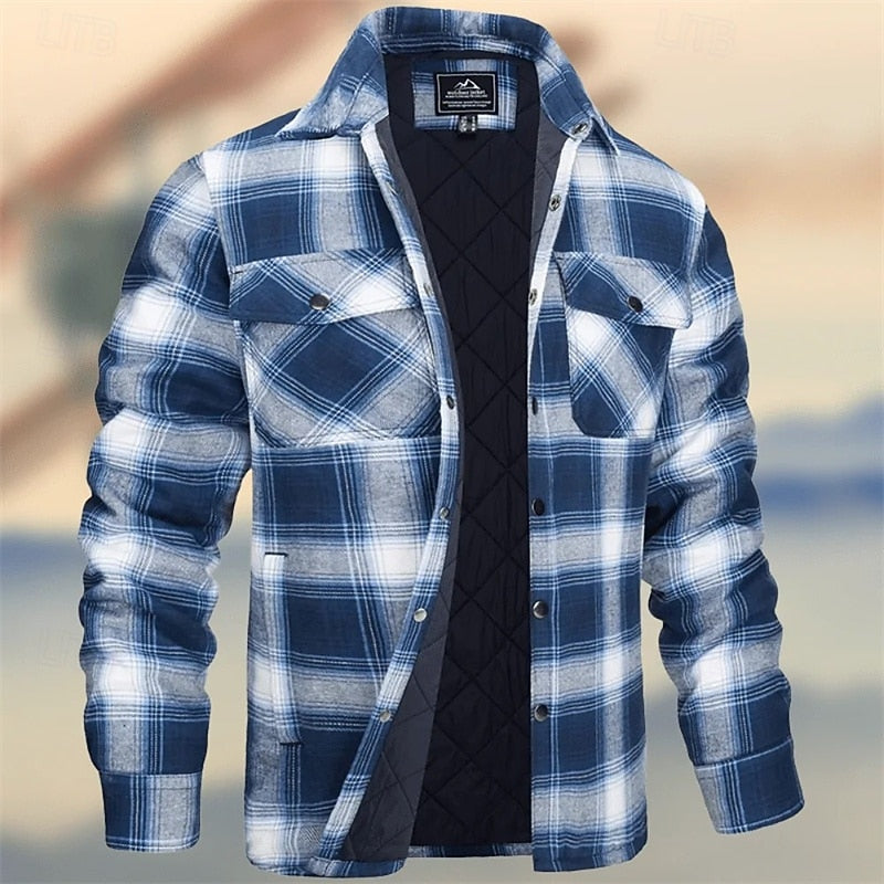 Kessoro men's quilted plaid flannel shirt jacket in orange, khaki, green, burgundy, navy, white and sky blue - product view 7
