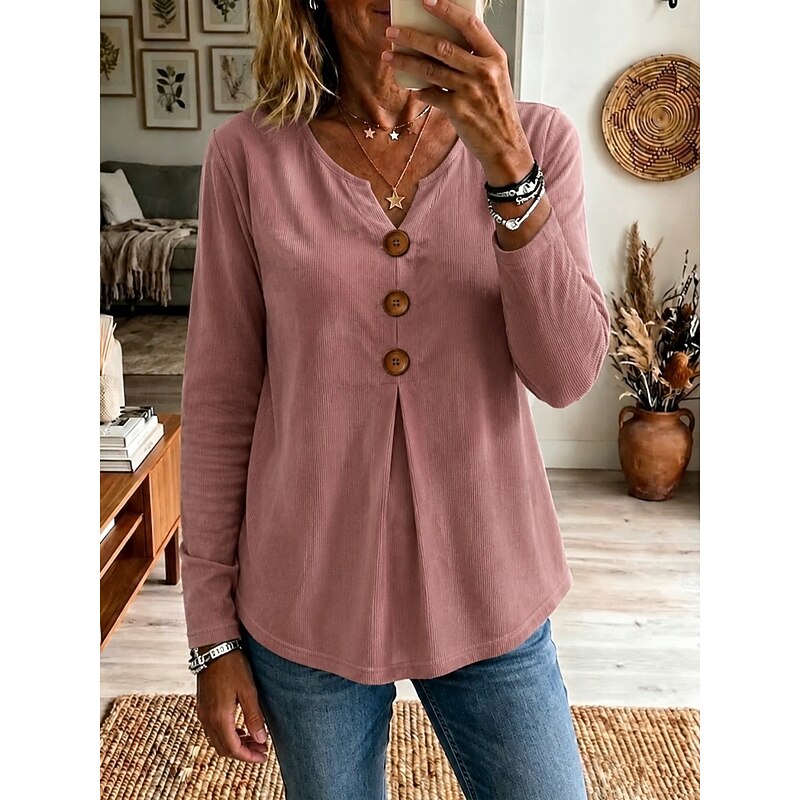 Women's ribbed buttoned V-neck top in blue, green, pink, black and white, detail view