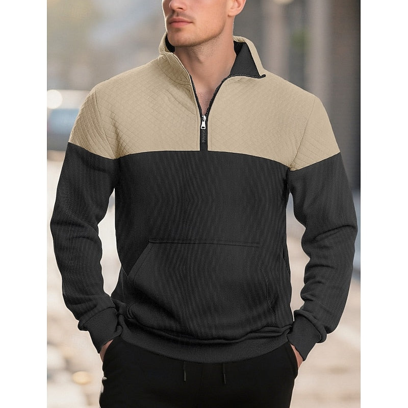 Kessoro men's textured quarter-zip color block sweatshirt in grey, army green, navy and khaki