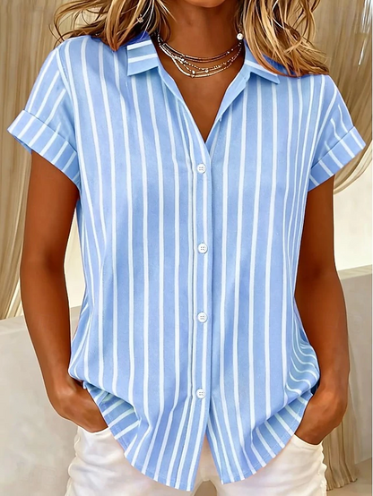 Kessoro Women's striped short-sleeve button-front blouse in blue, pink, green and more, view 5