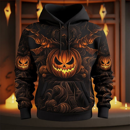 Kessoro Halloween pumpkin and forest print pullover hoodie for men and women, detail view 5
