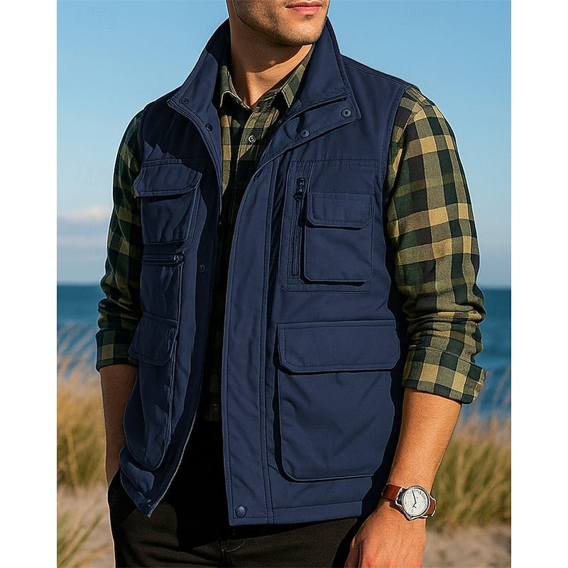 Kessoro men's rugged multi-pocket utility vest in black, army green, khaki and navy, view 6