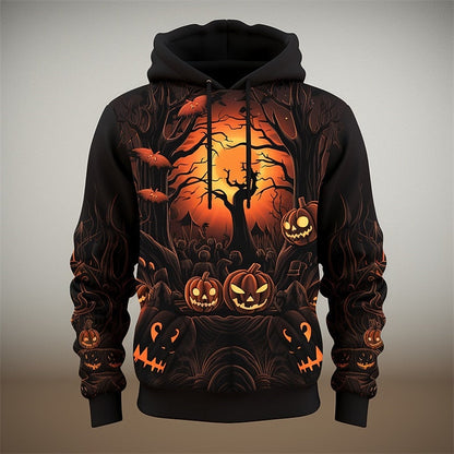 Kessoro Dark Gray Halloween pumpkin and forest print pullover hoodie for men and women