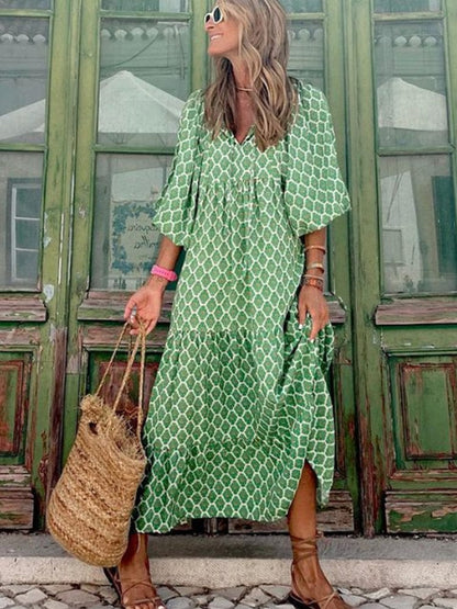 Kessoro women's tropical print wide-sleeve V-neck dress in green