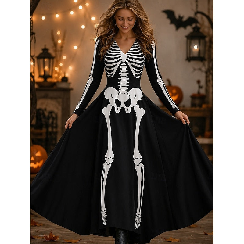 Kessoro White Halloween skeleton and rose print long-sleeve maxi dress for women