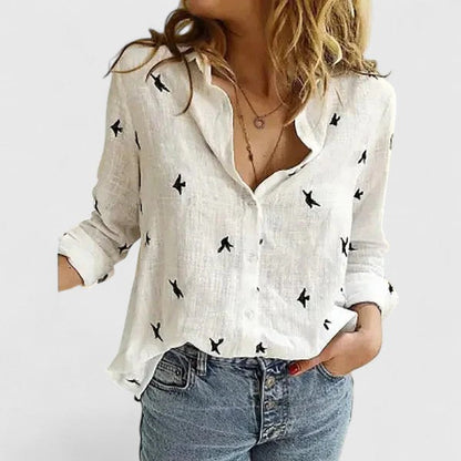 Kessoro women's relaxed-fit collared button-up blouse in black, white, blue and pastel tones, view 9
