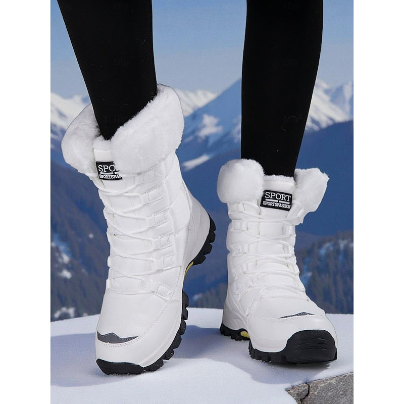 Kessoro women's plush lined lace-up winter snow boots in white and black - view 1