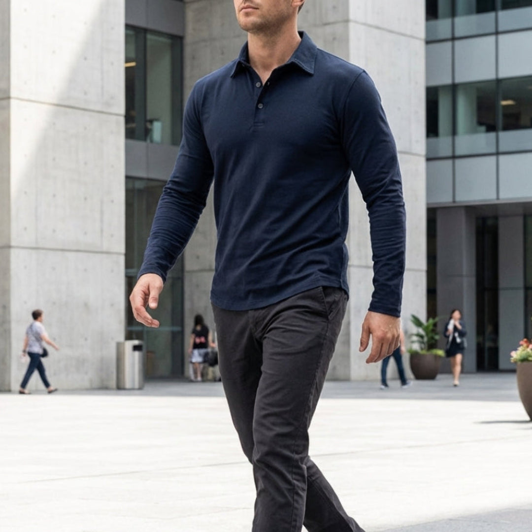 Kessoro men's long-sleeve collared stretch polo in blue, black, brown, grey and green