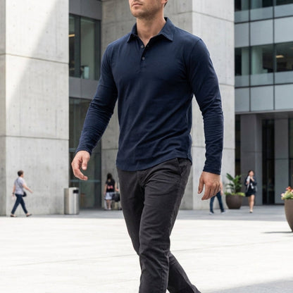 Kessoro men's long-sleeve collared stretch polo in blue, black, brown, grey and green