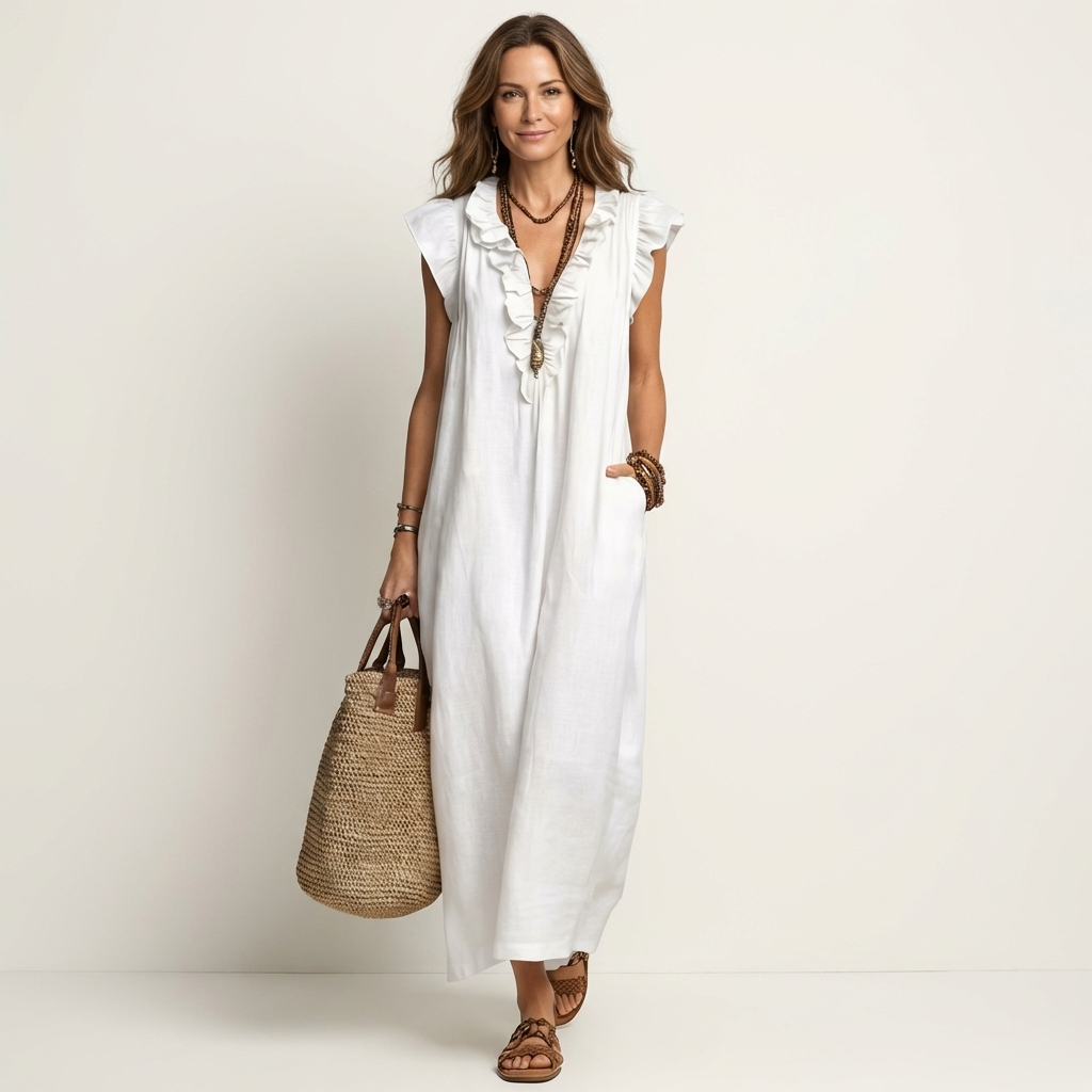 Kessoro women's ruffle V-neck flowing maxi dress in bright and neutral colourways, women's dresses — view 11 of 15