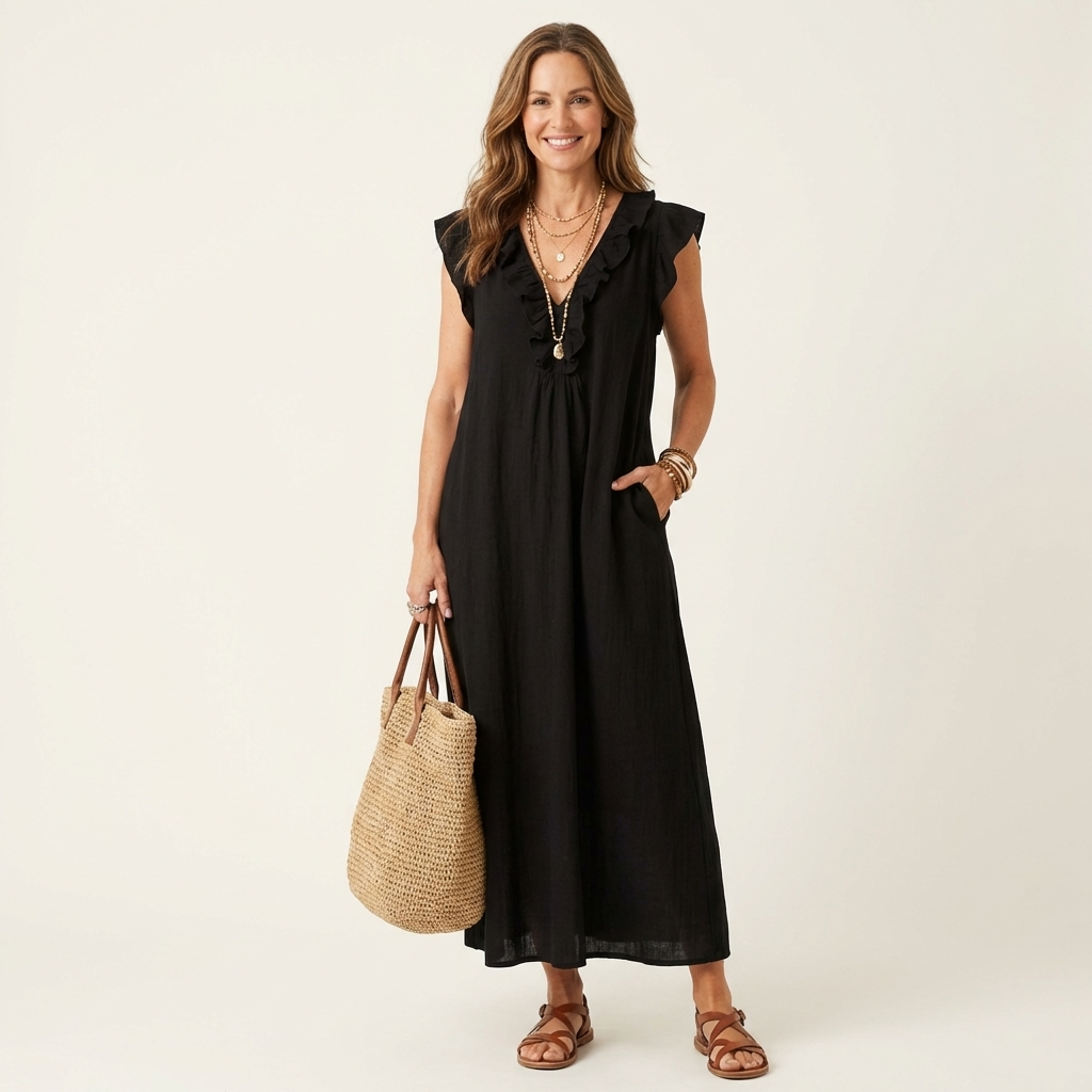 Kessoro women's ruffle V-neck flowing maxi dress in bright and neutral colourways, women's dresses — view 9 of 15