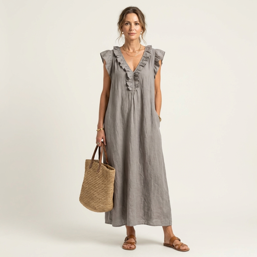 Kessoro women's ruffle V-neck flowing maxi dress in bright and neutral colourways, women's dresses — view 1 of 15