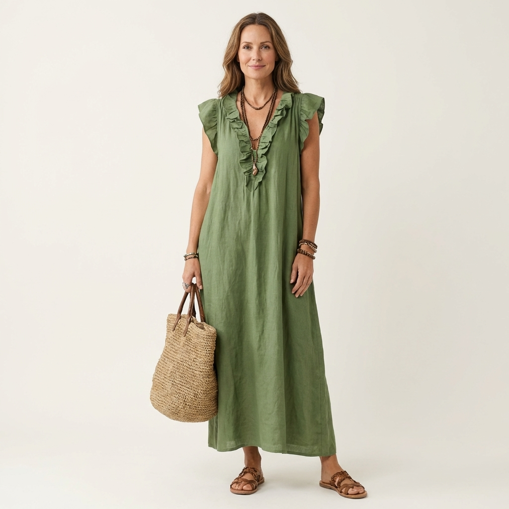 Kessoro women's ruffle V-neck flowing maxi dress in bright and neutral colourways, women's dresses — view 5 of 15