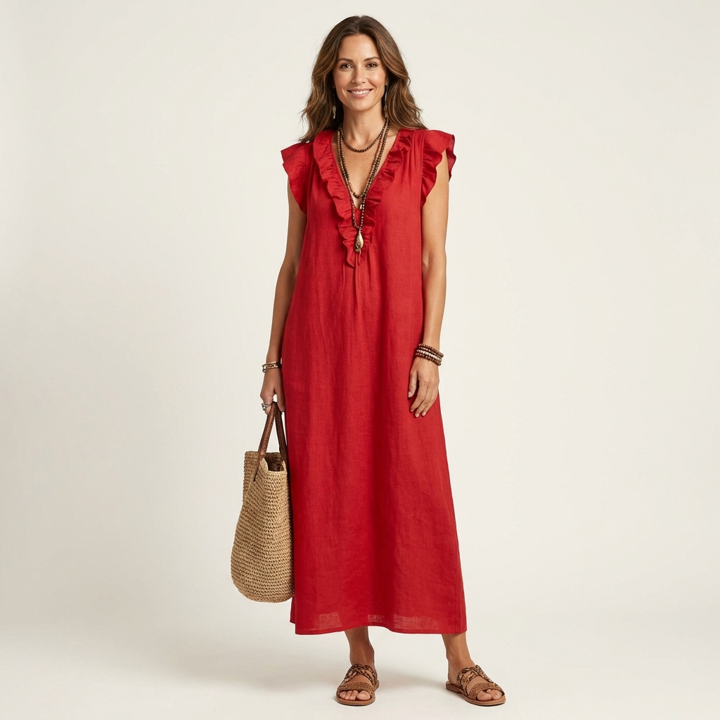 Kessoro women's ruffle V-neck flowing maxi dress in bright and neutral colourways, women's dresses — view 3 of 15