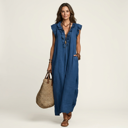 Kessoro women's ruffle V-neck flowing maxi dress in bright and neutral colourways, women's dresses — view 7 of 15
