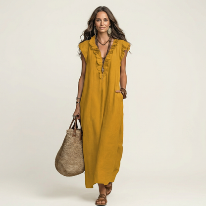 Kessoro women's ruffle V-neck flowing maxi dress in bright and neutral colourways, women's dresses — view 13 of 15