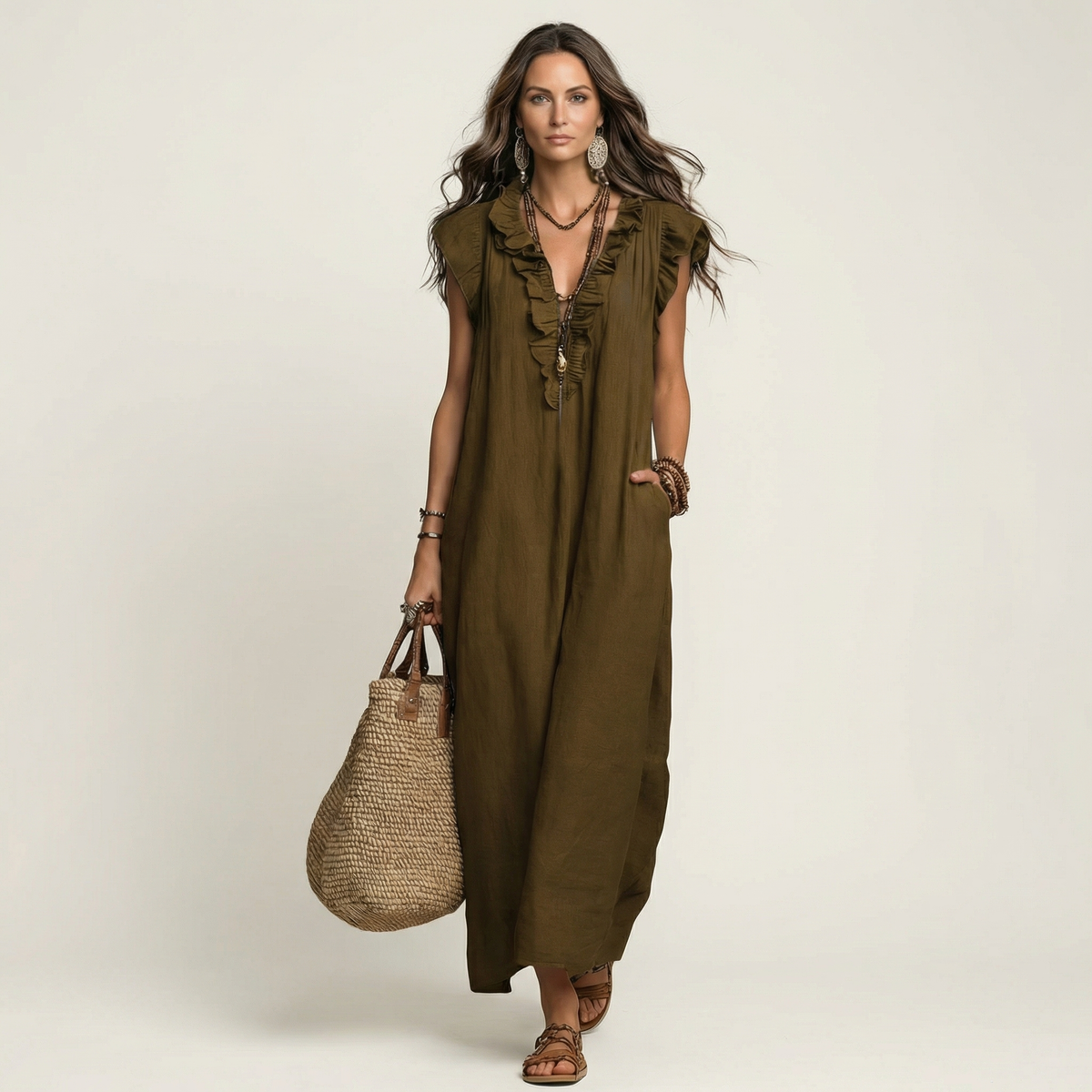 Kessoro women's ruffle V-neck flowing maxi dress in bright and neutral colourways, women's dresses — view 14 of 15