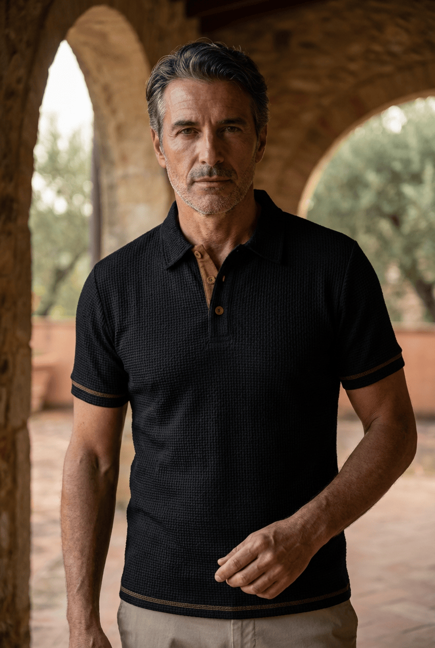 Kessoro men's refined textured short-sleeve polo shirt in white, black, dark blue and light blue