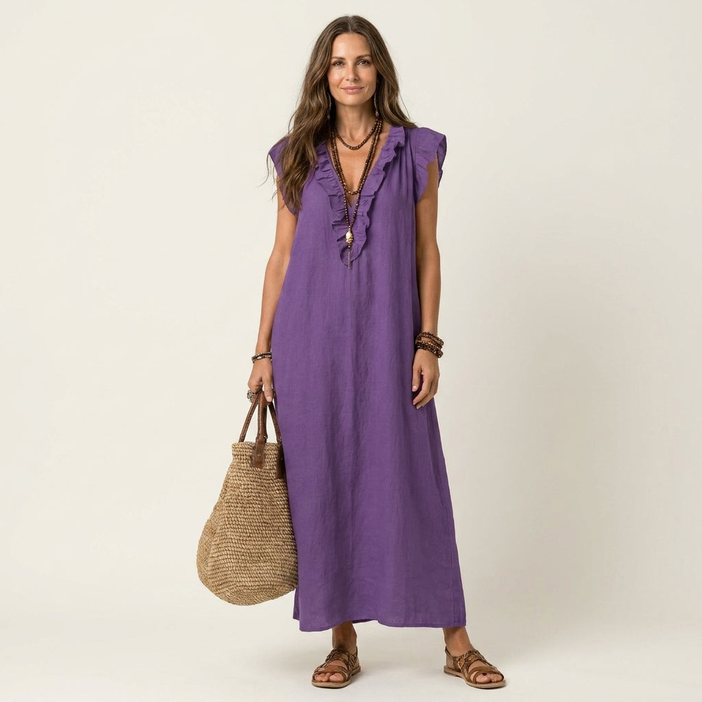 Kessoro women's ruffle V-neck flowing maxi dress in bright and neutral colourways, women's dresses — view 15 of 15