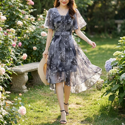 Kessoro Women's V-Neck Short-Sleeve Chiffon Summer Dress