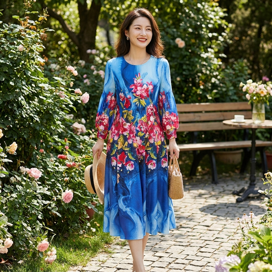 Kessoro Women's Lantern-Sleeve Printed Round-Neck Dress