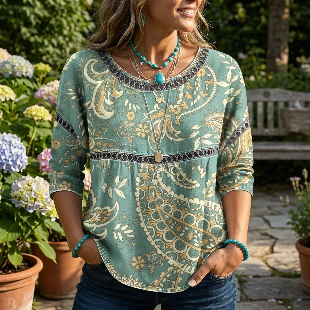 Kessoro Women's Paisley Three-Quarter Sleeve Tunic Blouse
