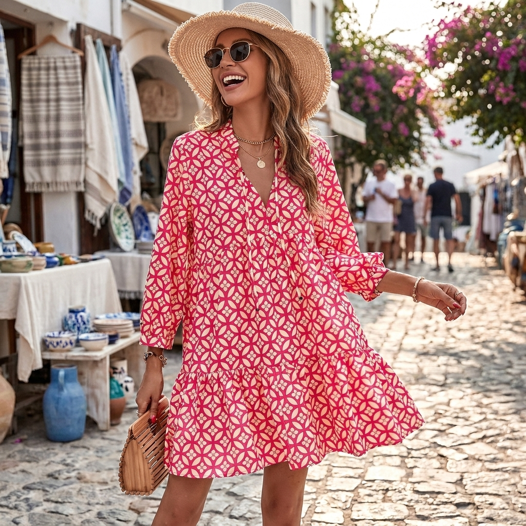 Kessoro Women's V-Neck Printed Knee-Length Summer Dress