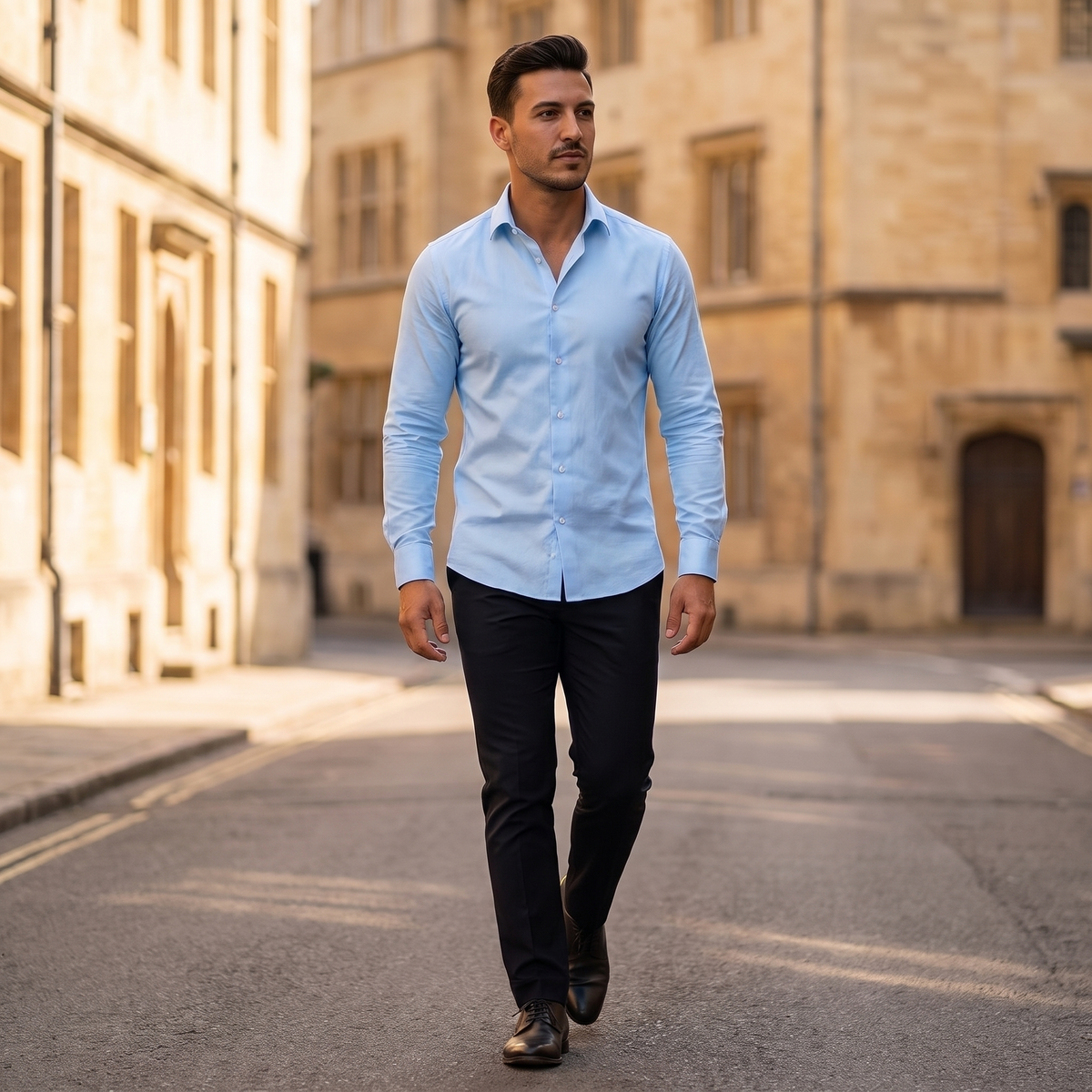 Kessoro Grant long-sleeve business casual shirt, styled on a city street