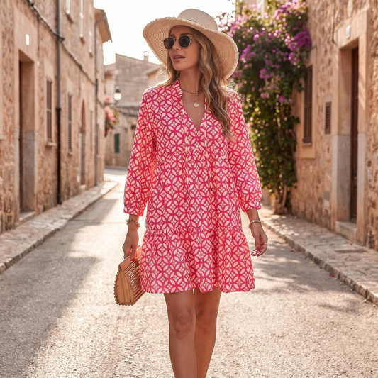 Kessoro Marisol printed knee-length summer dress, styled on a city street